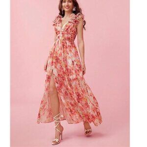 NEW - Romantic Floral Garden Party‎ Maxi Dress Pink Ruffle Slit Gown